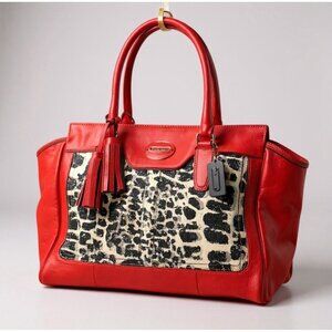 Coach 19989 Legacy Ocelot Candace Leather Red & Leopard Satchel Purse Bag